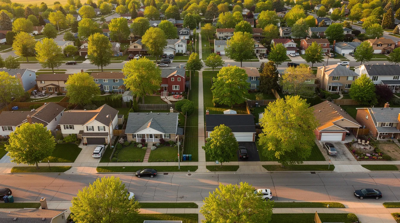 An aerial view of a suburban neighborhood showcases a variety of single-family homes nestled along tree-lined streets, highlighting the charm of real estate investment opportunities. This picturesque setting is ideal for fix and flip projects, where experienced investors can utilize hard money loans for renovation costs and financing their next flip deal.