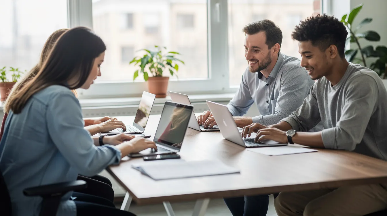 Ein kleines Team arbeitet konzentriert in einem offenen Büro an Laptops, während sie sich über den gesamten Recruiting Prozess austauschen. Die Atmosphäre ist produktiv, und die Teammitglieder nutzen verschiedene Tools, um Bewerbungen und Stellenanzeigen effizient zu verwalten.