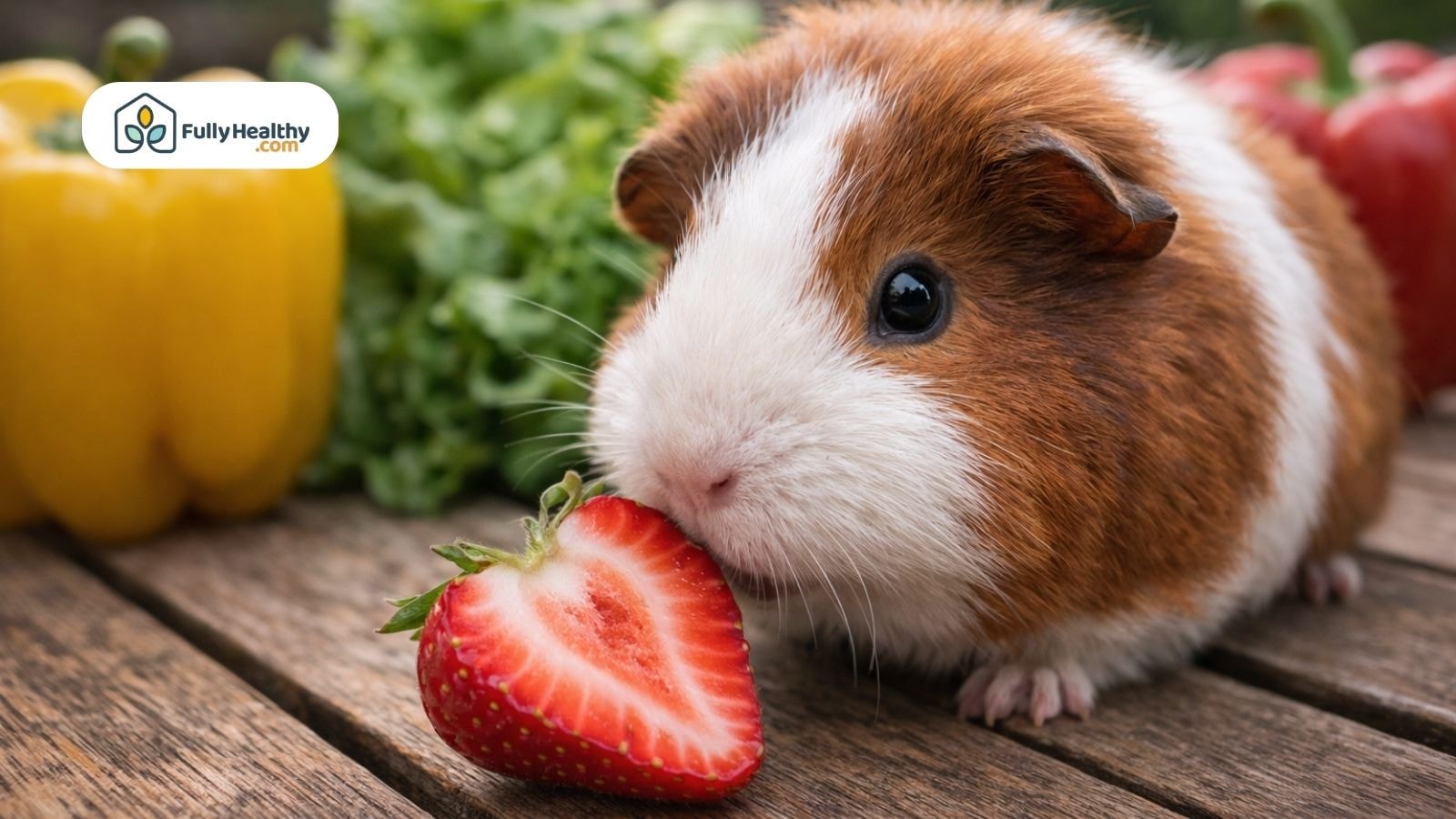 Guinea pig sniffing half a strawberry with peppers and lettuce nearby