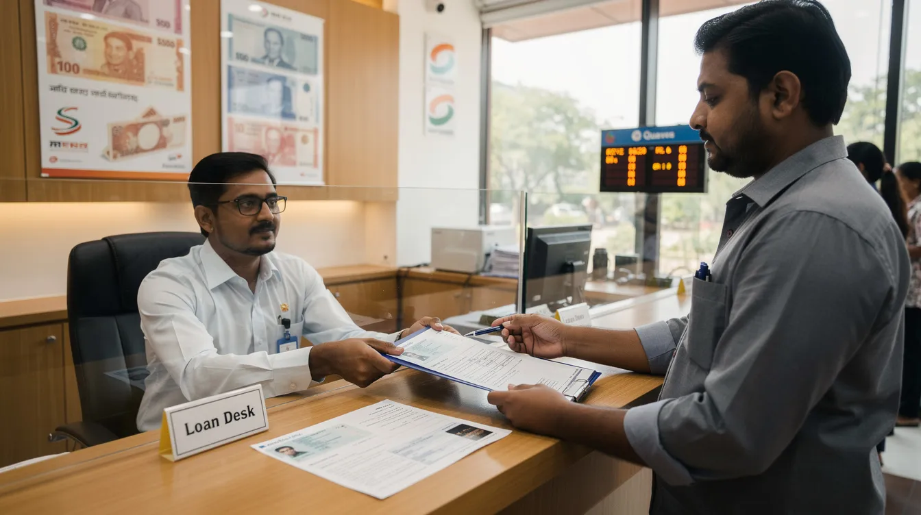 An individual is seen submitting loan documents at a bank counter in an Indian bank branch, likely seeking funding under the Pradhan Mantri Mudra Yojana to support their small business or micro enterprise. The setting reflects the formal financial system, where applicants provide necessary documents such as a rental agreement and utility bill to access affordable credit.