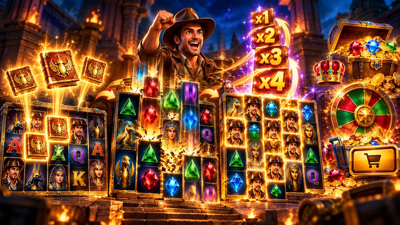Bonusfeature in een Megaways gokkast met free spins, cascades en oplopende multipliers.