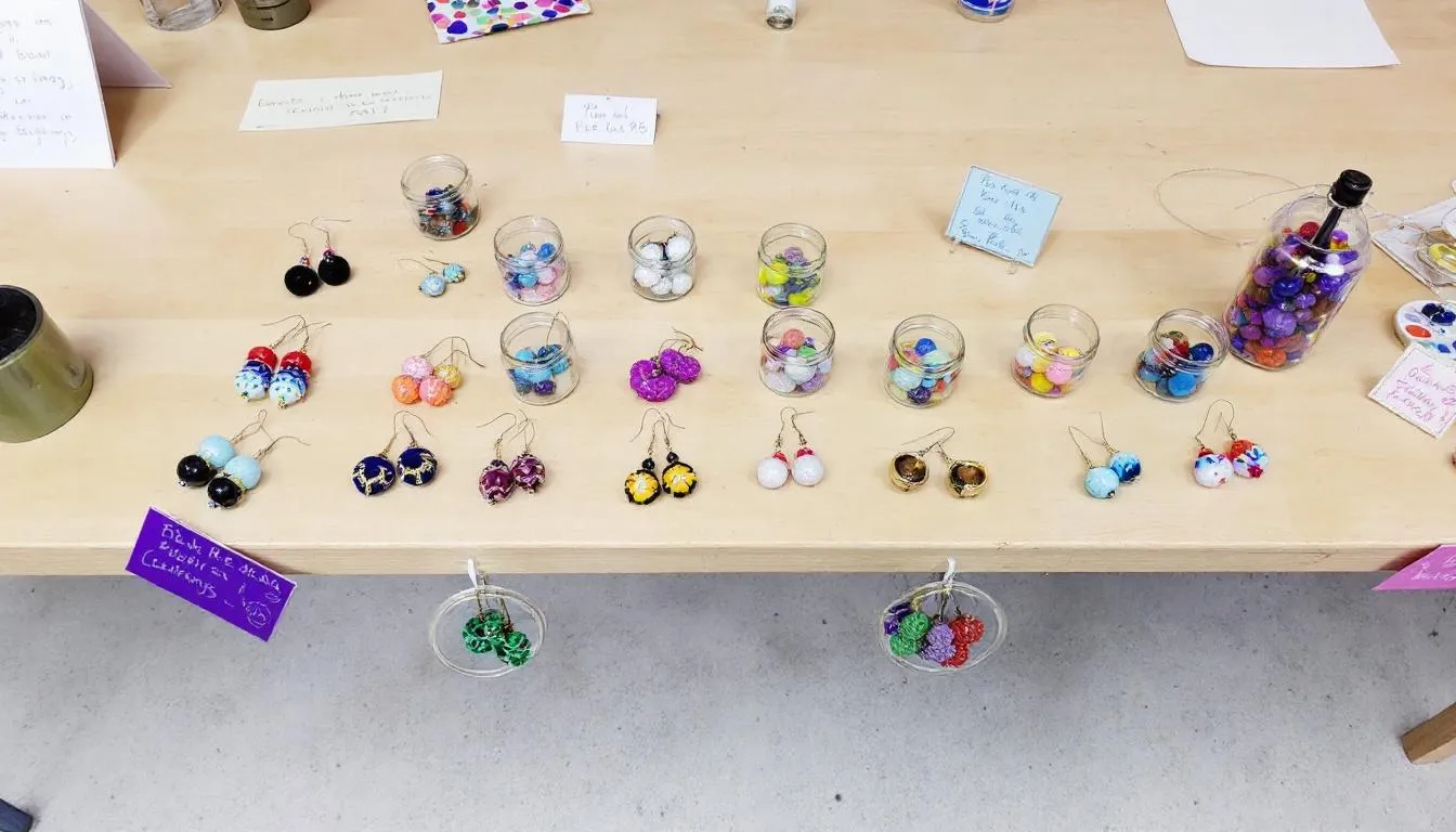 The image showcases a selection of handmade beaded earrings featuring a variety of designs made with seed beads and sterling silver hooks. Accompanying the earrings are customer reviews that highlight their lightweight feel and stylish combinations, perfect for enhancing any wardrobe.