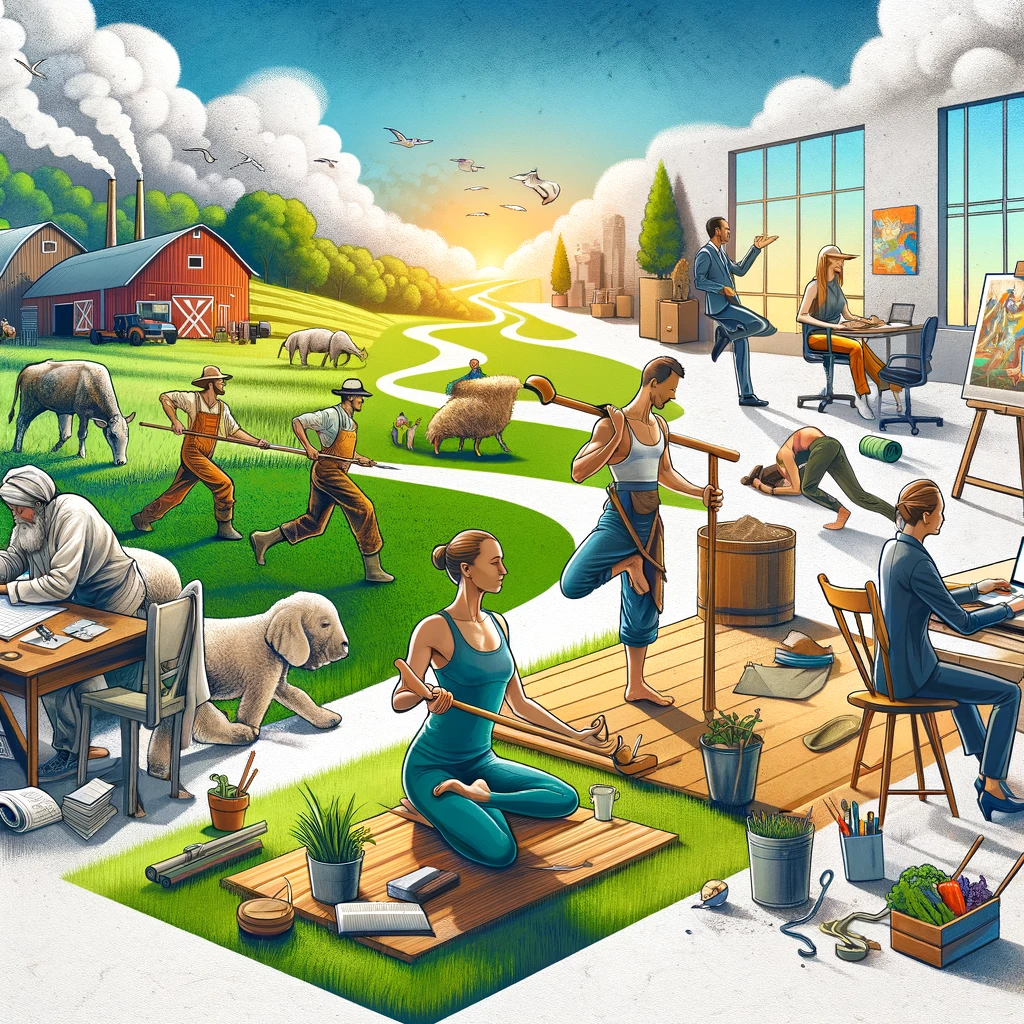 individuals in diverse settings such as a farm, an office, and an artist's studio, each incorporating yoga into their unique lifestyle. The image portrays a person practicing yoga amidst farm activities, another using yoga for mental clarity in an office environment, and an artist blending yoga with their creative process. This scene highlights the adaptability of Hatha Yoga to various daily scenarios, emphasizing its journey and learning aspects beyond mere physical postures.