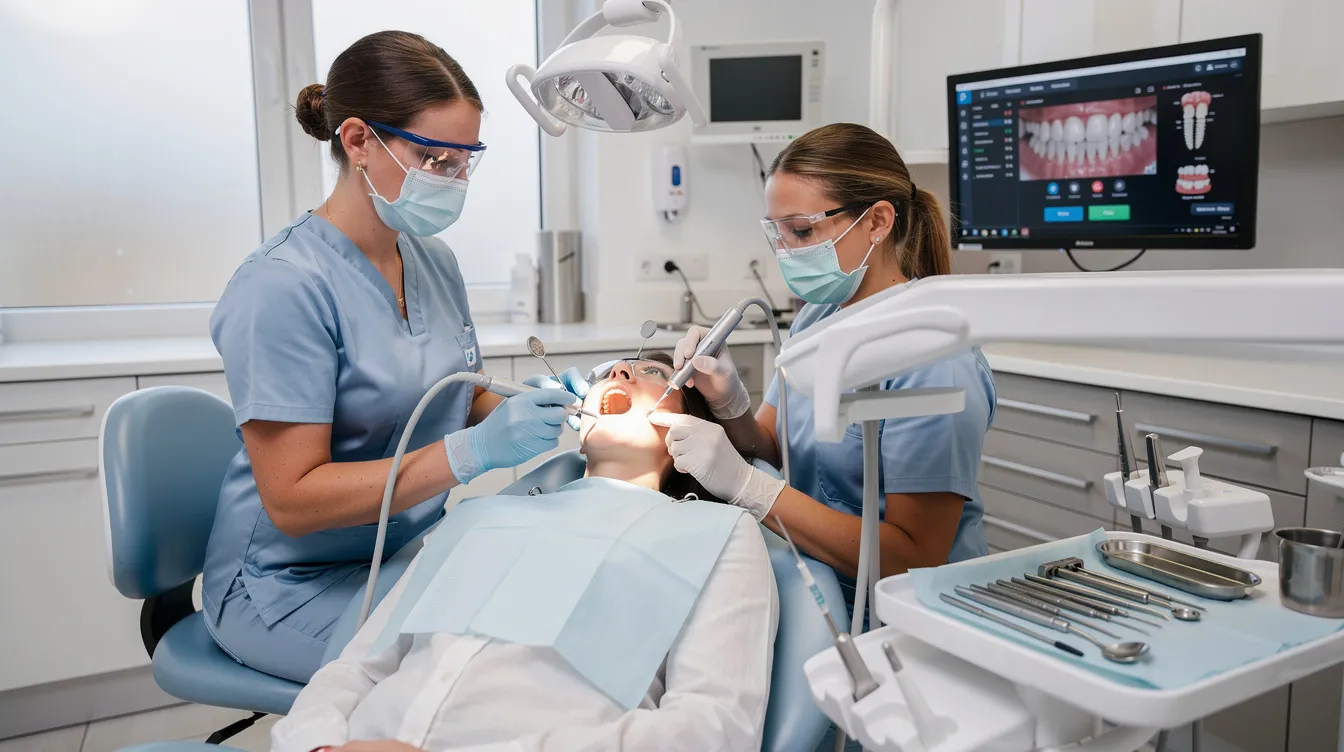 A dental hygienist is performing a comprehensive periodontal evaluation on a patient in a modern dental operatory, utilizing tools for periodontal scaling to address periodontal disease. The environment is equipped with advanced dental technology, ensuring a thorough oral examination and effective treatment.