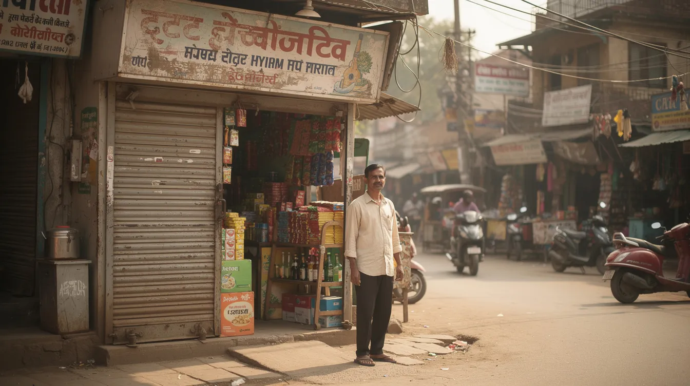 a7f5f1d4 7698 4d04 900e 0ded11164506 The image shows a small rented shop front in an Indian market, with a person standing near the entrance, possibly preparing to engage with customers. This scene reflects the essence of small businesses that may seek financial support through mudra loans or other business loans from financial institutions.