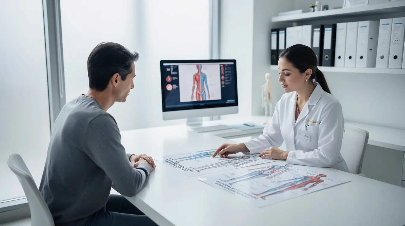A medical professional in a modern clinic consultation room is discussing body contouring options with a patient, who is seated across a desk while reviewing diagrams related to liquid BBL and non-surgical butt lift procedures. The consultation aims to create a customized treatment plan that aligns with the patient's aesthetic goals and expectations.