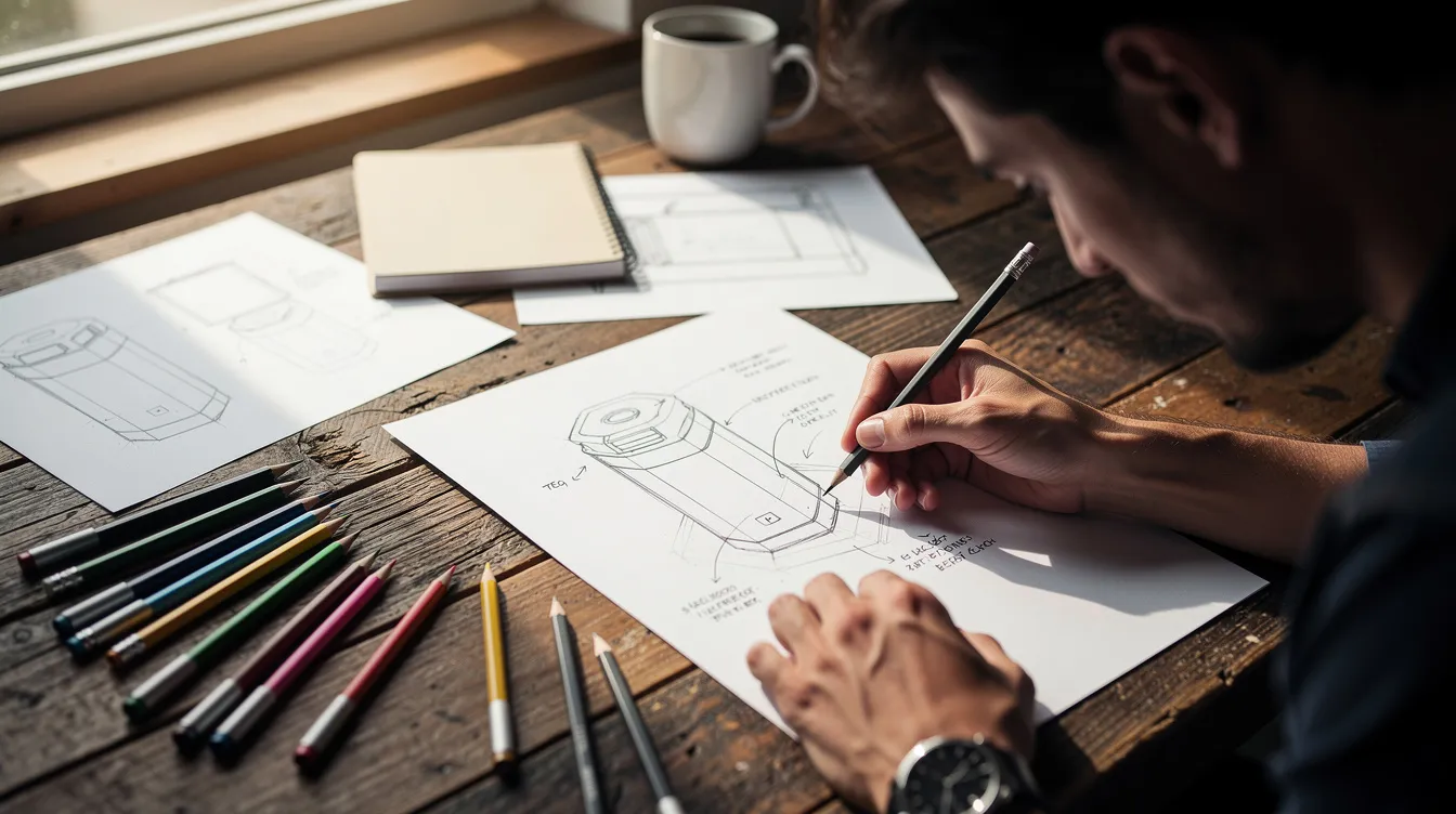 A person is deeply engaged in the creative process, sketching design concepts on paper while surrounded by pencils and markers on a wooden table, highlighting the importance of human creativity and critical thinking in the design process amidst the rise of AI tools. This scene captures the essence of human intelligence and the unique role it plays in generating ideas and solving design problems.