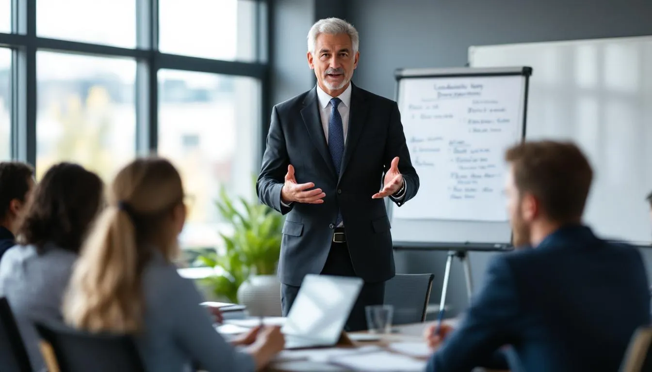 Ein Coach leitet eine Qualifizierungsmaßnahme für Führungskräfte, während die Teilnehmer aktiv an der Weiterbildung teilnehmen. In dieser Sitzung werden wichtige Kompetenzen und Kenntnisse vermittelt, die für die berufliche Entwicklung in Unternehmen von Bedeutung sind.