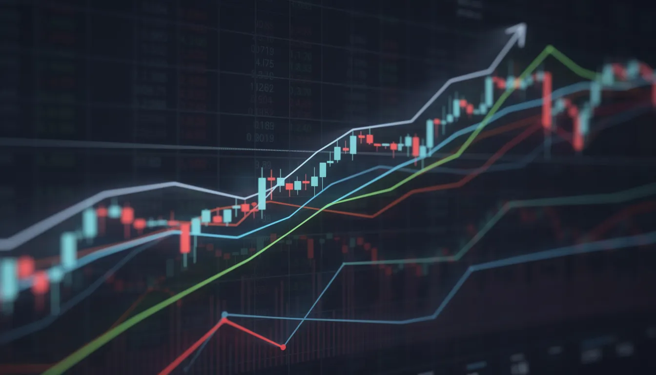 The image features an abstract representation of financial market charts, depicting both upward and downward trends that symbolize the complexities of investing. This visualization highlights the importance of retirement planning tools, such as a retirement calculator, to help individuals navigate their future returns and achieve their retirement goals.