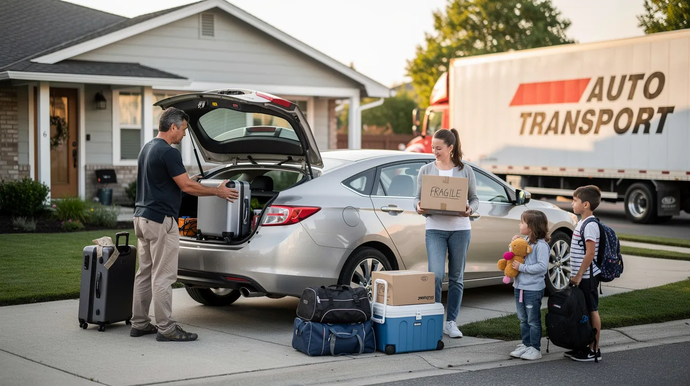 A family is seen loading personal items into their car in preparation for a vehicle transport pickup, highlighting the car shipping process typical for Georgia auto transport services. The scene captures the importance of ensuring all belongings are secured before the car is picked up for shipping.