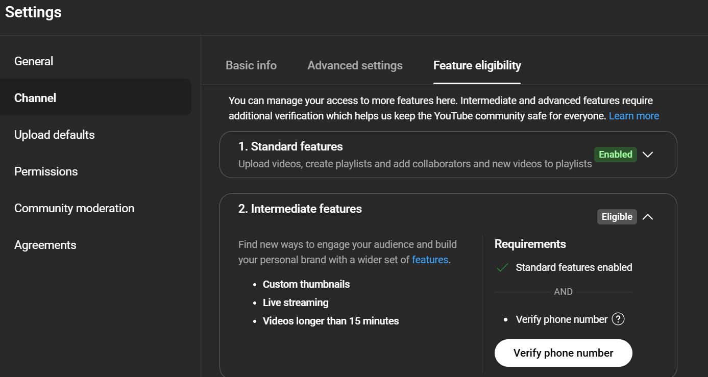 YouTube feature eligibility settings