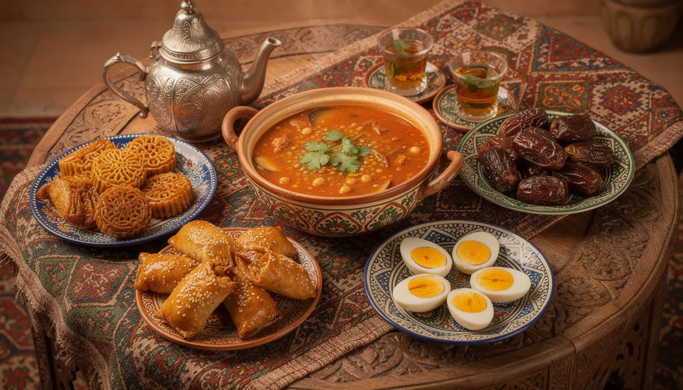 The image depicts a traditional Moroccan iftar spread featuring harira soup, dates, eggs, and an array of traditional pastries served on beautifully decorated plates, symbolizing the rich culinary heritage of Morocco during Ramadan. Families gather to break their fast at sunset, celebrating the sacred month with these special meals that reflect local customs and traditions.