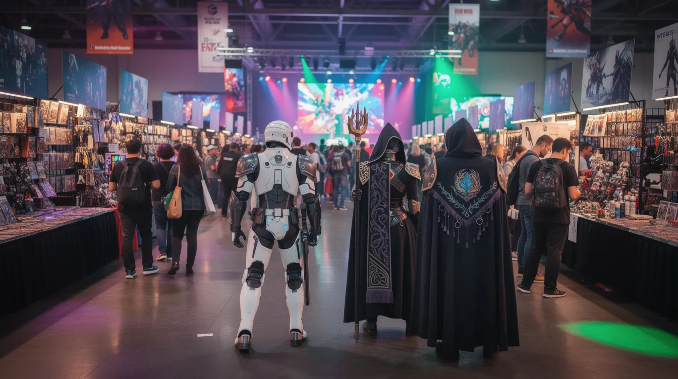 In einer großen Messehalle sind zahlreiche Menschen in bunten Kostümen versammelt, darunter Cosplayer in weißer Rüstung und dunklen Roben, die an die Charaktere aus der Star Wars-Saga erinnern. Bunte Lichter erhellen die Stände, die mit Merchandise aus den Star Wars-Filmen geschmückt sind.