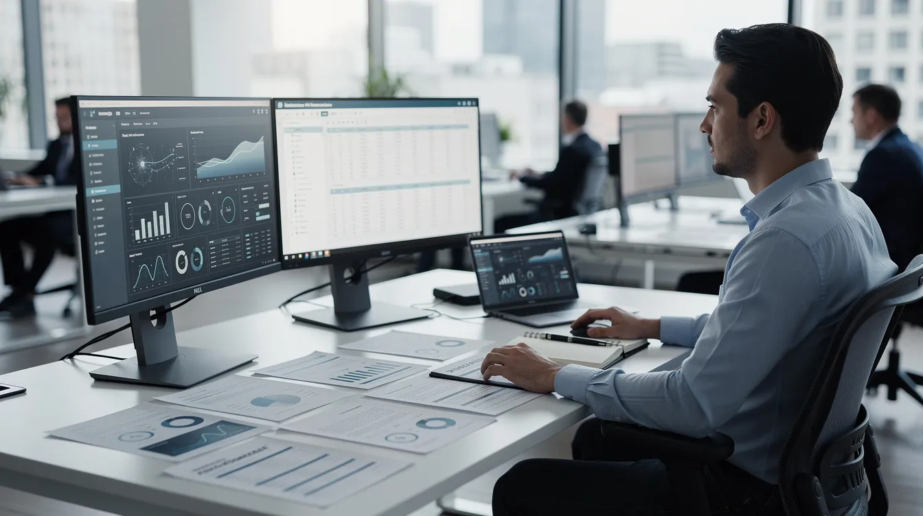 A person sits at a desk in an office environment, intently reviewing data and documents on dual monitors, likely as part of an LMS implementation process. The workspace reflects a focus on employee training and the successful deployment of a new learning management system. A person sits at a desk in an office environment, intently reviewing data and documents on dual monitors, likely as part of an LMS implementation process. The workspace reflects a focus on employee training and the successful deployment of a new learning management system.