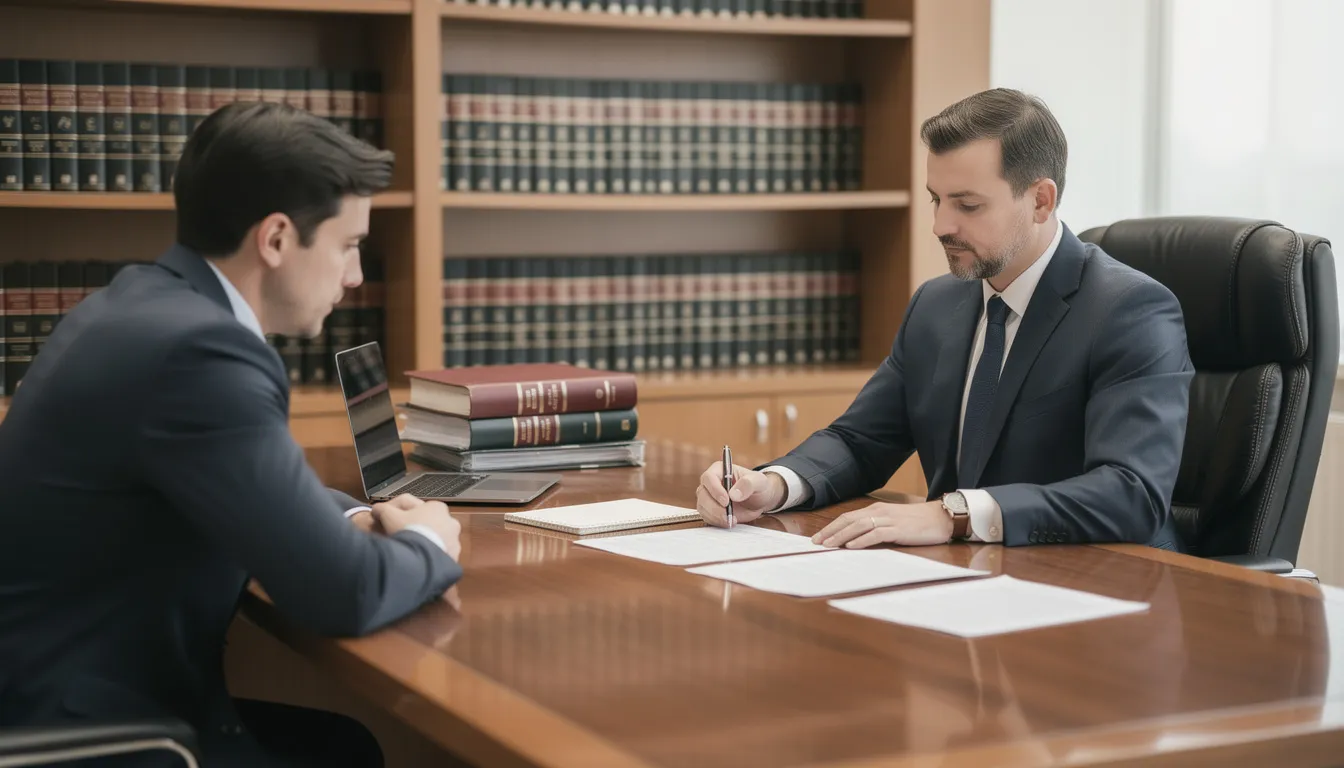 In a professional office setting, an attorney is seated at a desk, reviewing documents with a client regarding their workers compensation claim. The discussion likely involves details about medical treatment, lost wages, and the processes of administrative courts as they work to resolve disputes with the employer's insurance company.