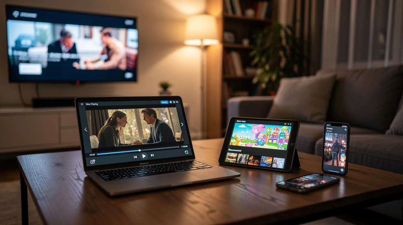 The image shows multiple devices including a smartphone, tablet, laptop, and TV, all streaming content simultaneously in a cozy home setting. This setup highlights the convenience of IPTV services, allowing users to enjoy live TV channels and on-demand content across various devices with a stable internet connection.