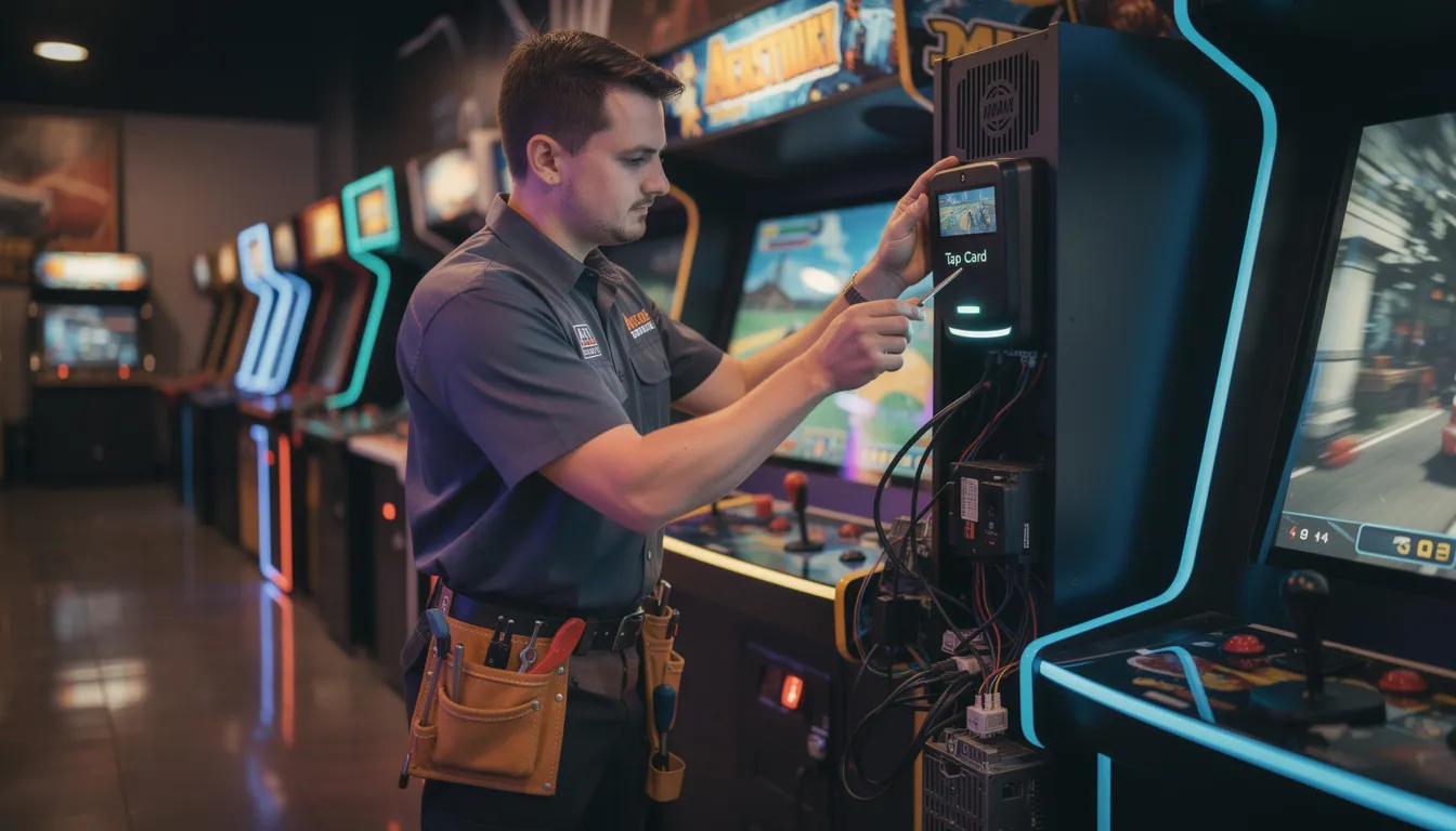 An arcade technician is installing a card reader on a game cabinet, ensuring seamless integration for cashless transactions and enhancing the guest experience. The technician is focused on optimizing the arcade's operational efficiency by upgrading the payment options for players.