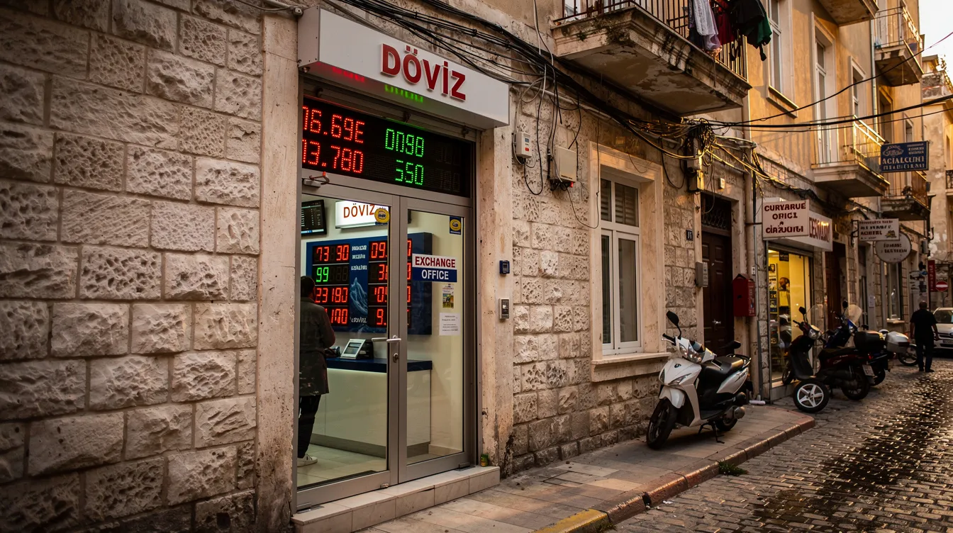 The image shows a stone-fronted currency exchange office located on a narrow street in Turkey, with digital rate boards displaying the current exchange rates for Turkish lira and euros. This currency exchange is part of the vibrant local markets, where visitors can buy Turkish lira and exchange foreign currency while navigating the bustling atmosphere of the city.