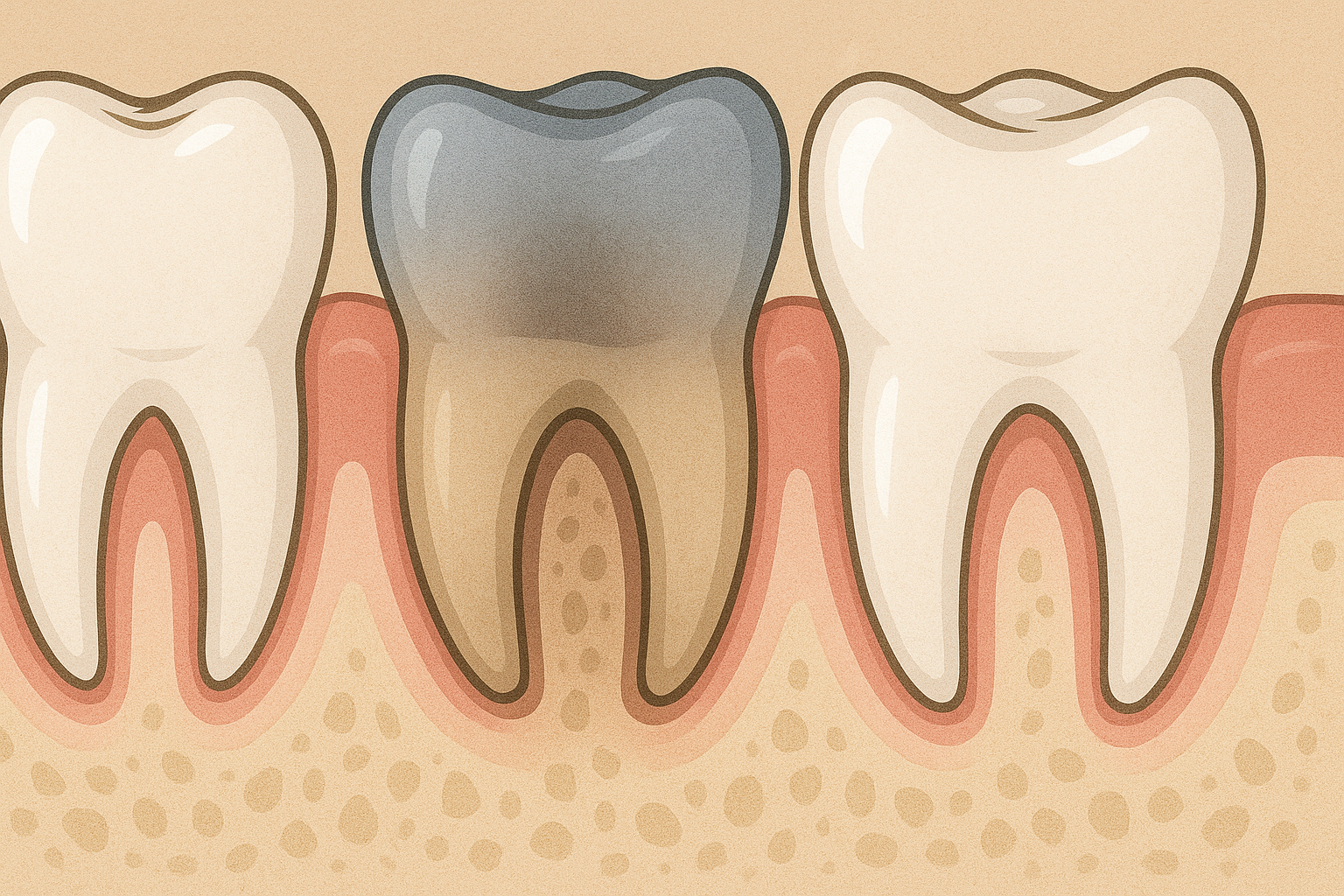 Død Tann? Slik Vet Du Om Tannen Har Sjekket Ut (Men Du Fortsatt Må Inn) 11 Illustrasjon av død tann med mørk misfarging omgitt av to friske, hvite tenner og rosa tannkjøtt i overkjeven.