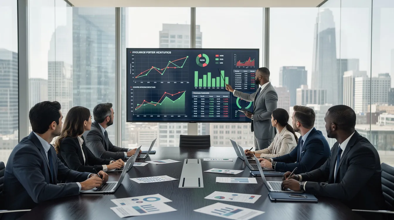 a8035840 07a1 4d63 956a f3dee4ad947d Na zdjęciu zespół specjalistów finansowych omawia wykresy i dane dotyczące przychodów i kosztów finansowych na dużym ekranie w sali konferencyjnej. W tle widać notatki oraz materiały dotyczące operacji finansowych i analizy wyników finansowych przedsiębiorstwa.