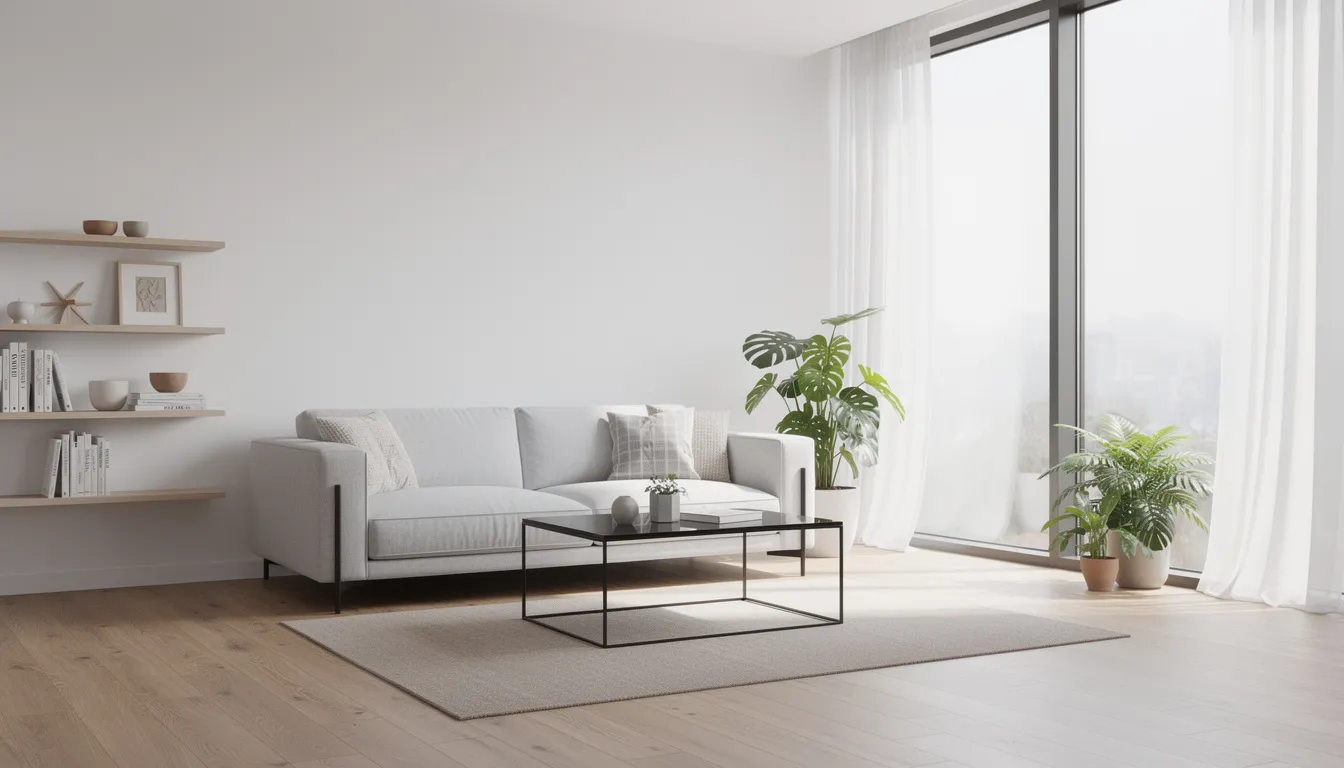 Das Bild zeigt ein modernes Wohnzimmer mit bodentiefen Fenstern