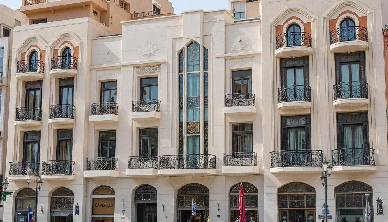 The image showcases stunning Art Deco buildings with geometric facades and ornate balconies in the Ville Nouvelle district of Casablanca, Morocco. This architectural style reflects the city's historical significance and is a highlight for visitors exploring Casablanca's attractions.