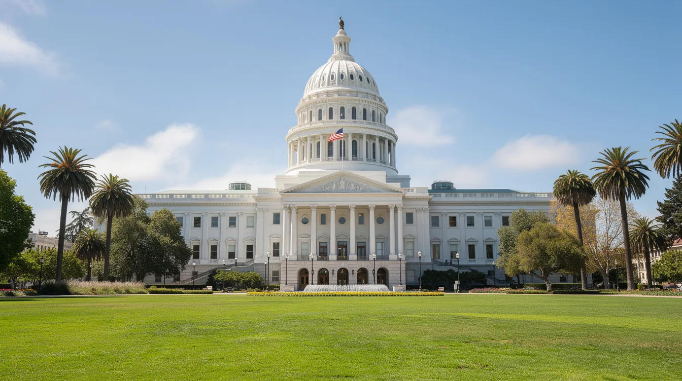 The image shows the California State Capitol building in Sacramento, standing majestically under a clear blue sky, with a lush green lawn in the foreground, symbolizing the heart of California's legislative process and governance. This iconic structure represents the state's commitment to fair competition and the enforcement of laws like the Cartwright Act, which aims to protect California consumers from antitrust violations.