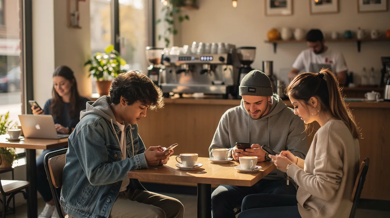 A group of young adults is seated in a cozy coffee shop, each absorbed in their phones as they explore various dating apps. The atmosphere suggests a casual yet social environment, where they might be browsing for potential matches or starting conversations on popular dating apps.