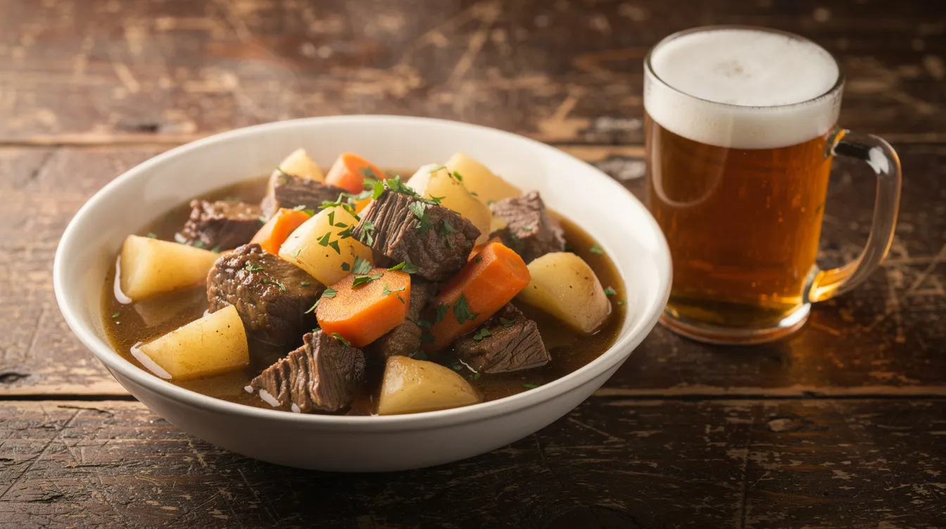 A bowl of hearty Irish stew filled with tender chunks of meat and colorful root vegetables sits on a rustic wooden pub table, accompanied by a pint glass, evoking the warmth of traditional Irish cuisine perfect for visitors exploring the rich culture and heritage of Ireland.