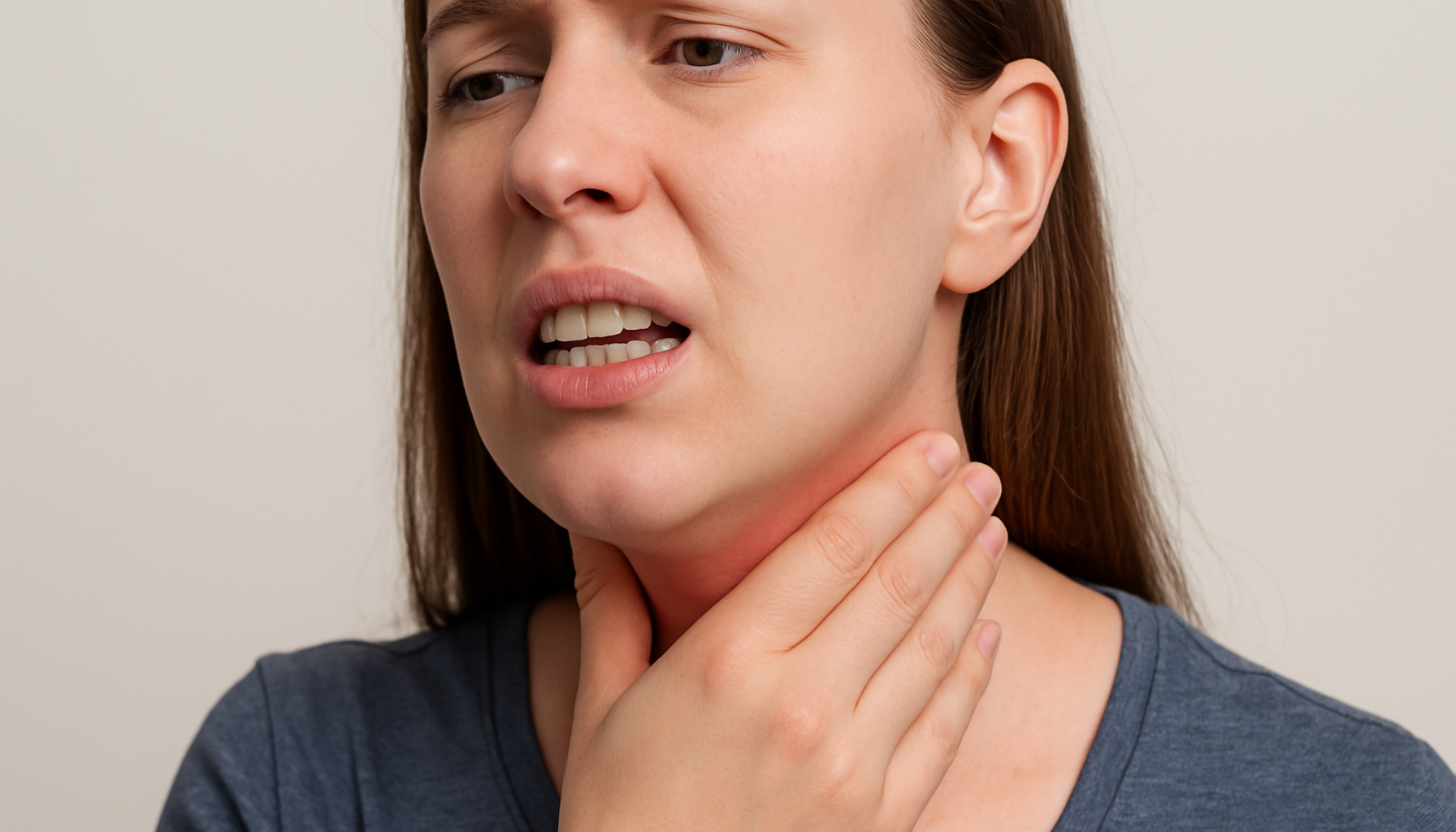 En kvinne trykker på halsen med smertefullt uttrykk, tydelige tegn på sår hals og mulig betennelse i mandlene.