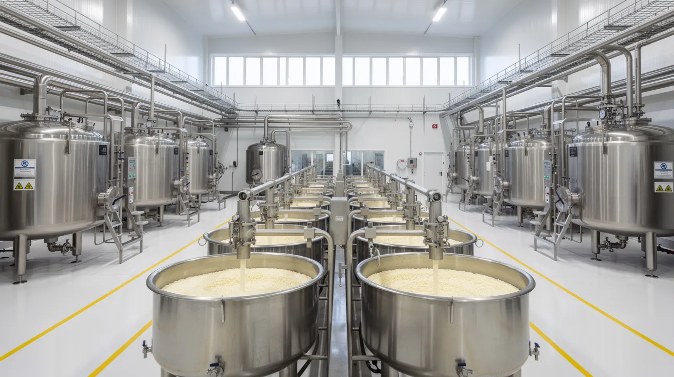 a80948bb 8bf8 4163 abea a8054f9c4053 The image depicts industrial stainless steel dairy processing equipment inside a modern cheese factory, highlighting the machinery used in mozzarella production and cheese manufacturing. Various components such as cheese vats and brine systems are visible, emphasizing the advanced technology involved in the cheese production process.