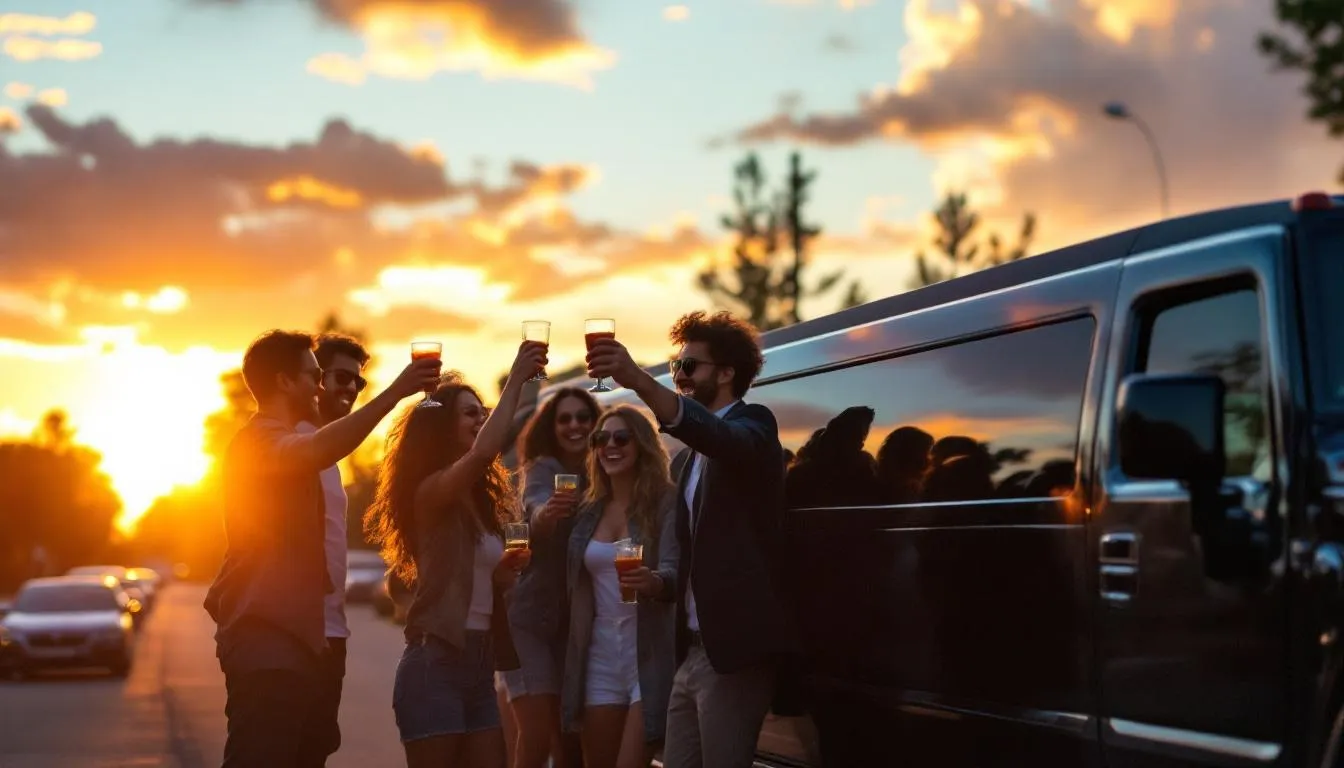 Ett gäng vänner som glatt firar utanför en stretch Hummer-limousine i solnedgången — fångar ett speciellt tillfälle fullt av skratt och glädje. Den lyxiga Hummer-limon, känd för sin iögonfallande design, erbjuder en ultimat lyxupplevelse för minnesvärda event och fester.