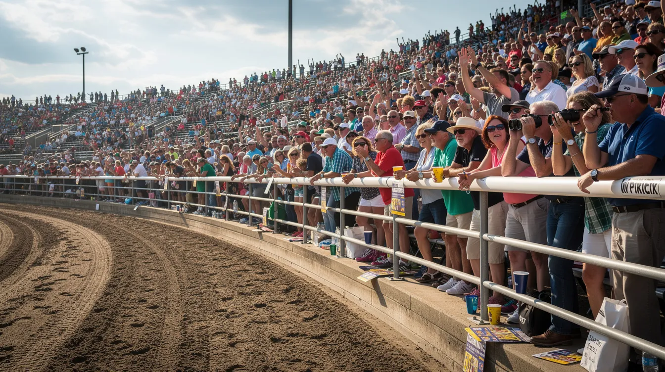 A lively crowd of spectators fills the grandstand, eagerly watching the horse racing event at the Aintree Racecourse, where the excitement builds for the upcoming Grand National. The scene captures the energy of race day, as fans anticipate the thrilling competition among the national runners.
