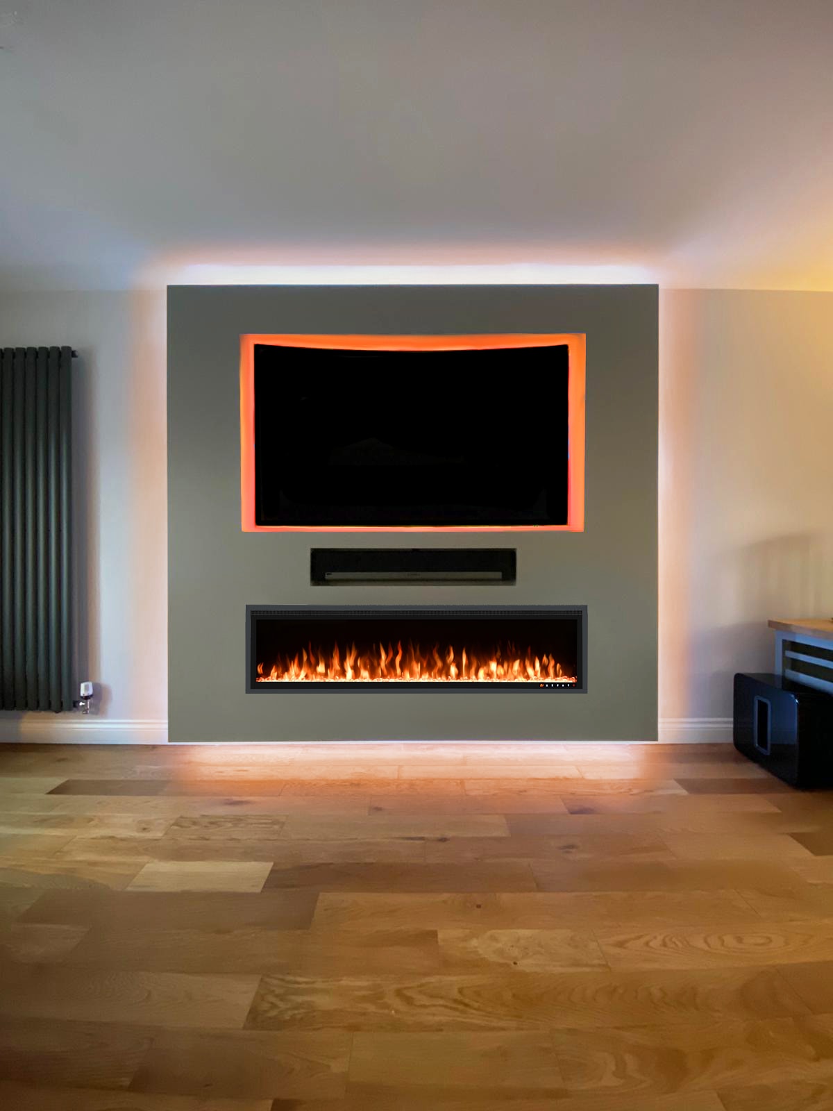 A step-by-step illustration of the installation process for media wall fireplaces.