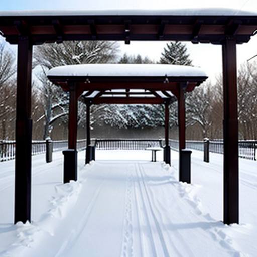 Smaller size pergola structure with snow on roof.