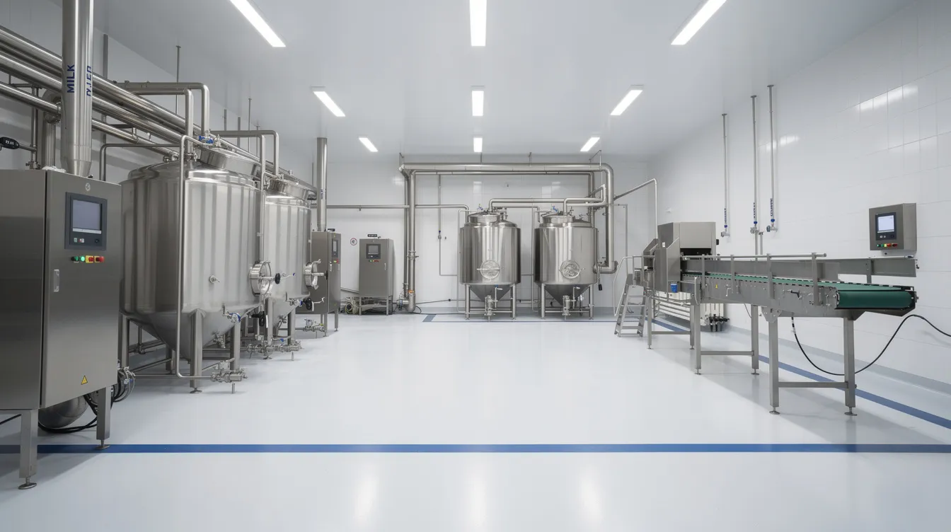 a80f282a e1a0 4090 9825 33a395541b76 The image depicts a clean and hygienic interior of a modern dairy plant, featuring stainless steel equipment and bright white walls. This food processing facility is equipped with aseptic packaging solutions for UHT milk, showcasing a high standard of product quality and safety in the manufacturing process.