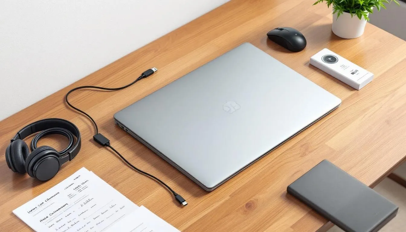 A refurbished laptop is prominently displayed alongside various tech accessories and documents, showcasing an efficient comparison setup. This arrangement highlights the value and cost savings of choosing refurbished laptops over new devices, emphasizing their quality and reliability for customers.