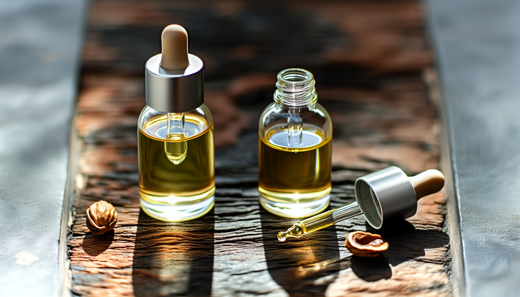 Close-up of natural ingredients like jojoba oil and argan oil