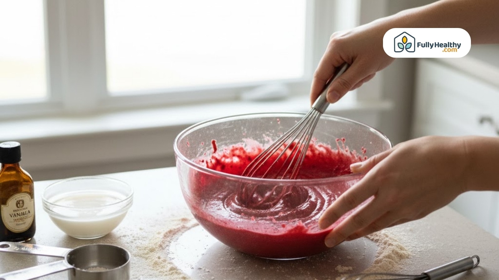 Hands whisking red velvet cake batter in glass bowl on flour-dusted kitchen counter