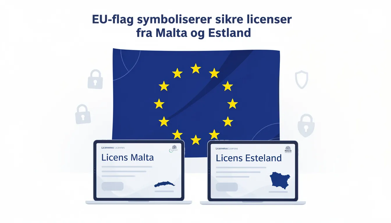 Billedet viser EU-flaget, der symboliserer sikre licenser fra Malta og Estland, hvilket er vigtigt for udenlandske casinoer, der ønsker at tiltrække loyale spillere med attraktive bonusser. Flaget repræsenterer også anerkendte licenser, der sikrer et troværdigt online casino-miljø.