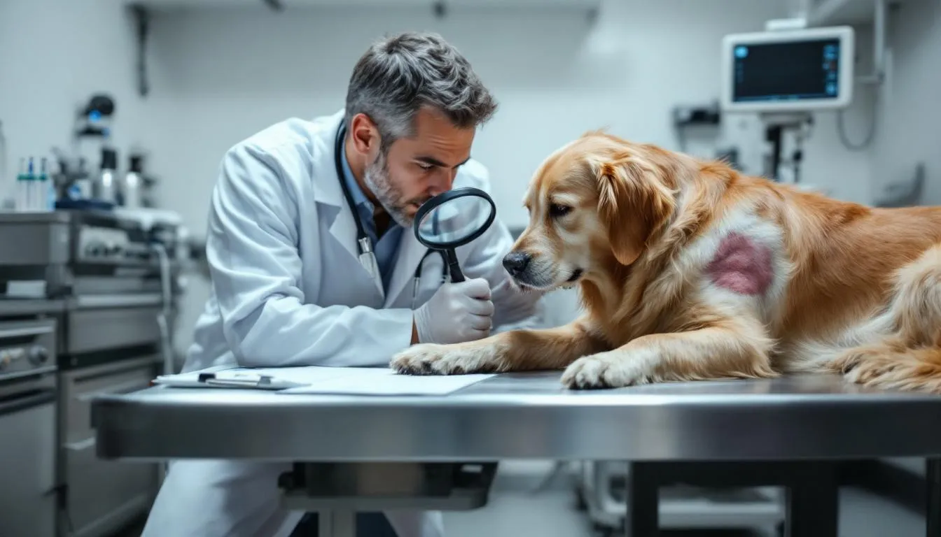 A veterinarian is examining a golden retriever with inflamed skin, noting signs of hair loss and intense itching during a clinical consultation. The dog's skin shows flaky patches, indicating potential skin problems such as bacterial infections or skin lesions, while the vet discusses treatment options for the dog's skin condition.