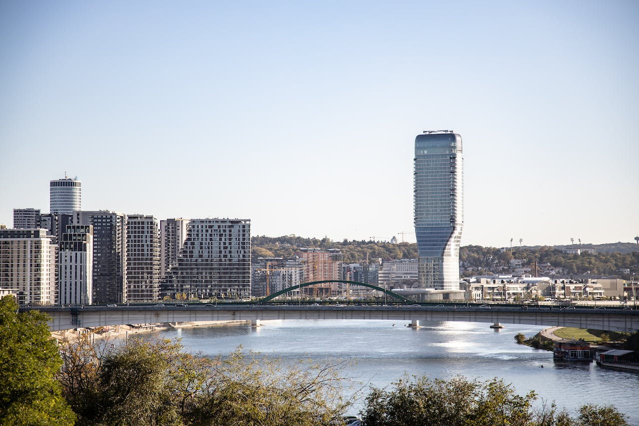 Serbia: Belgrade Waterfront; buildings and a river bridge