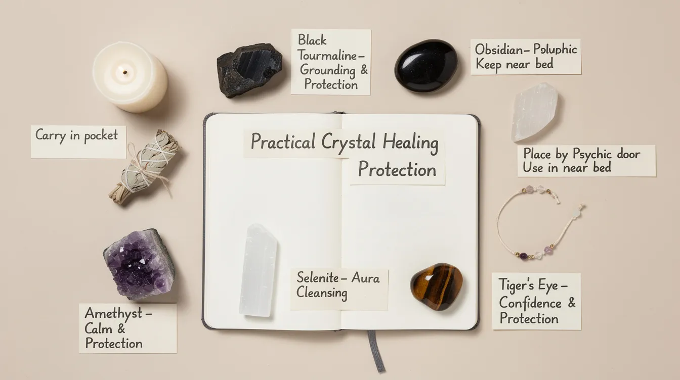 The image depicts an assortment of healing crystals, including black tourmaline and rose quartz, arranged beautifully to showcase their vibrant colors and shapes. These powerful stones are often used in spiritual practices for protection against negative energy and to promote emotional healing and inner peace.