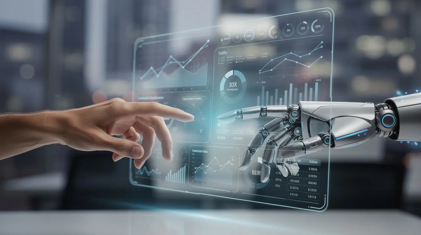 The image depicts a human hand and a robotic hand reaching toward each other above a glowing marketing dashboard, symbolizing the collaboration between human creativity and AI tools in digital marketing strategies. This moment captures the essence of how human insight and emotional intelligence can enhance AI-driven personalization and optimize marketing campaigns.