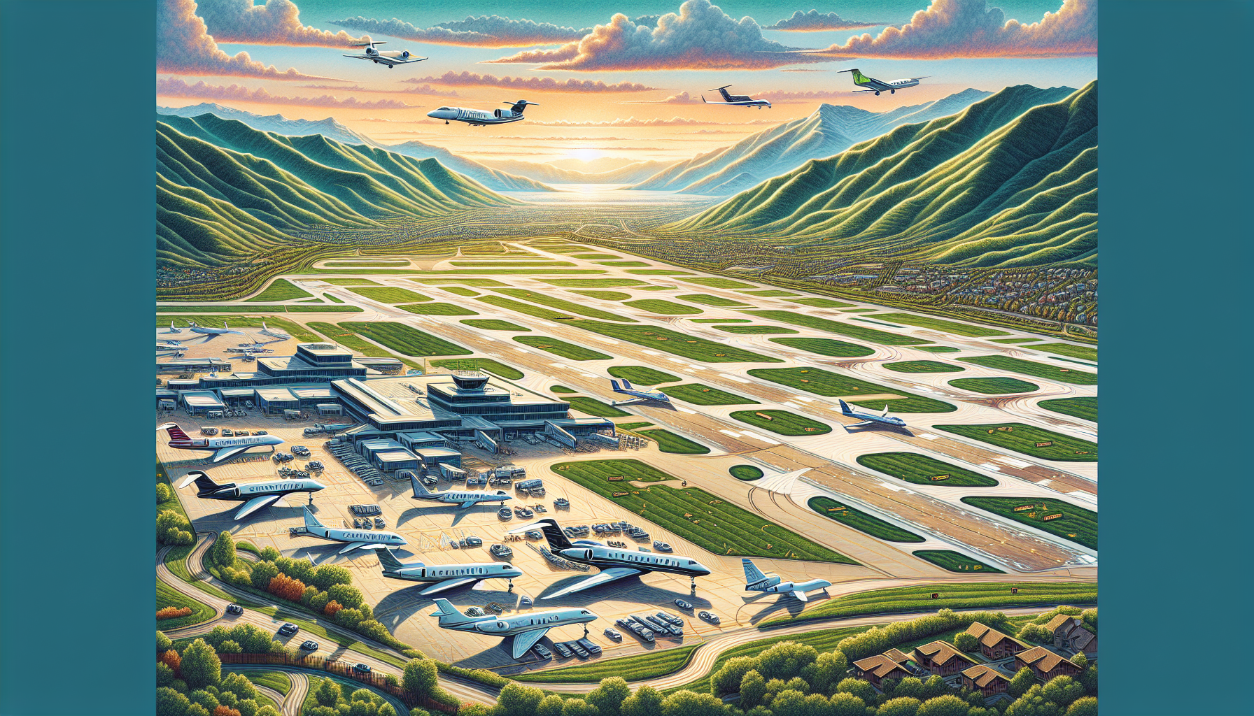 A charming illustration of South Valley Regional Airport, a premier private jet airport near West Valley City