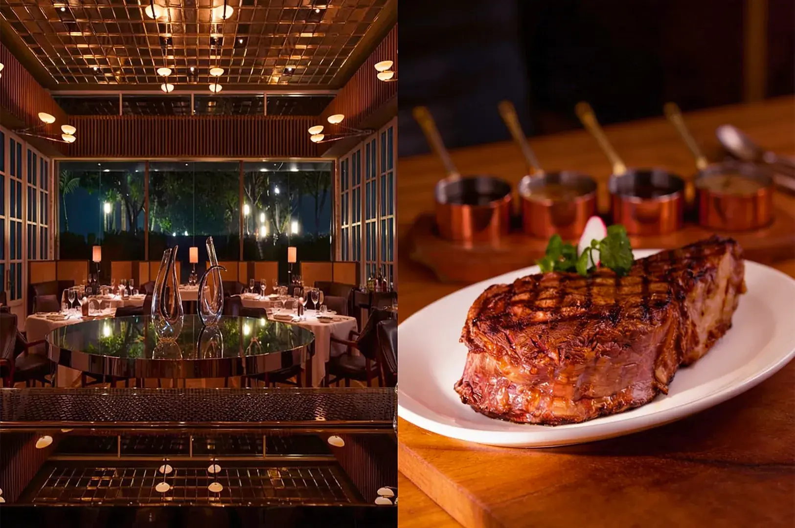 Luxurious steakhouse interior with dim lighting and elegant table settings on the left. Juicy, grilled steak on a white plate with garnishes on the right.