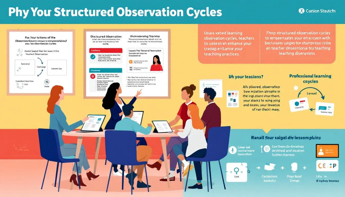 A group of teachers collaborating in a professional learning community, building teacher confidence through structured observation cycles.