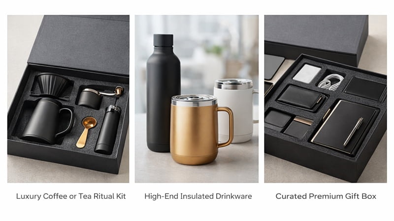 Quick picks collage of luxury corporate gift sets for clients and employees featuring branded drinkware, notebooks and business bags