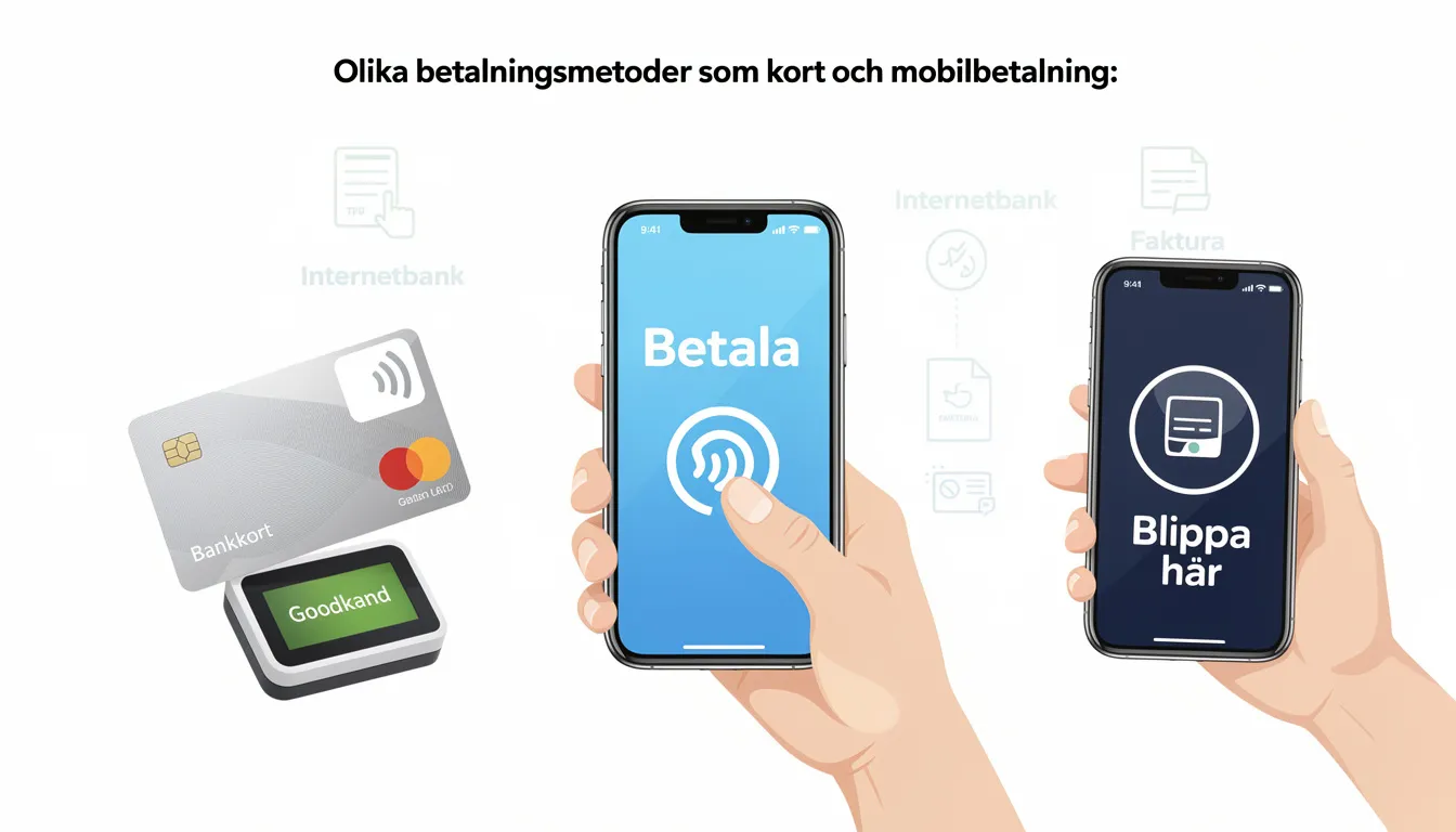 Bildbeskrivning: En samling av olika betalningsmetoder som kort och mobilbetalning, inklusive Swish och BankID, som används för insättningar och uttag hos Campobet. Dessa metoder gör det enkelt för spelare att sätta in minst 100 kr och ta del av bonusar på Campobet casino.