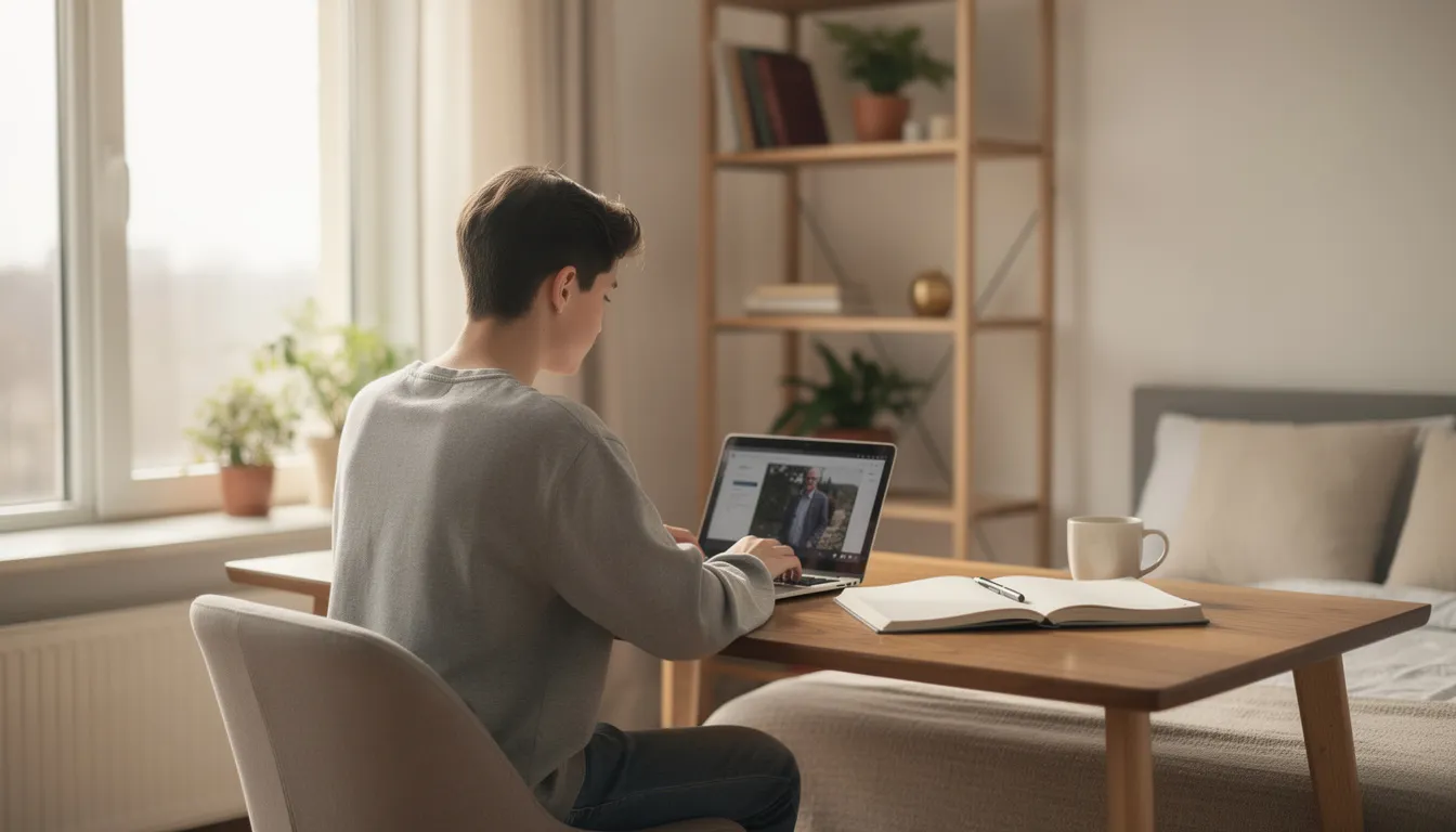 Ein Schüler sitzt an einem Tisch und lernt von zu Hause aus mit einem Laptop und einem Tablet. Um ihn herum sind Bücher und Notizen, während er sich auf digitale Lernplattformen und Video-Tutorials konzentriert, um seine Kompetenzen zu erweitern.